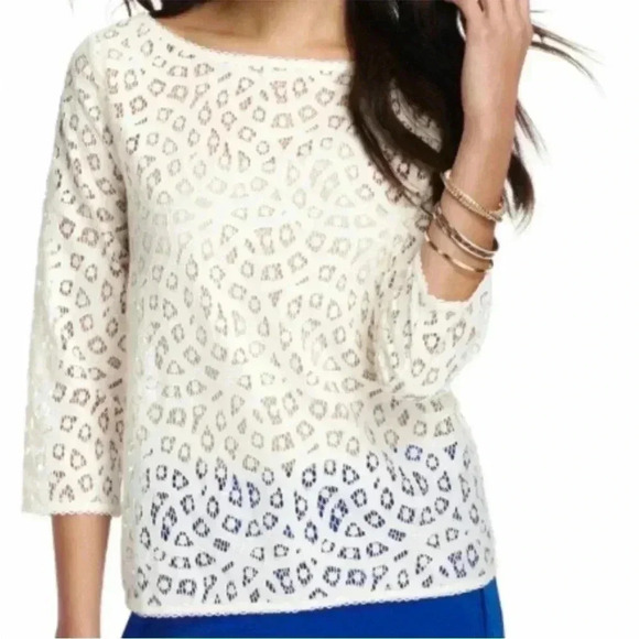 EUC Loft Cream Bone Ivory Lace Popover 3/4 Sleeve Top Blouse Shell Sz L - Picture 1 of 9